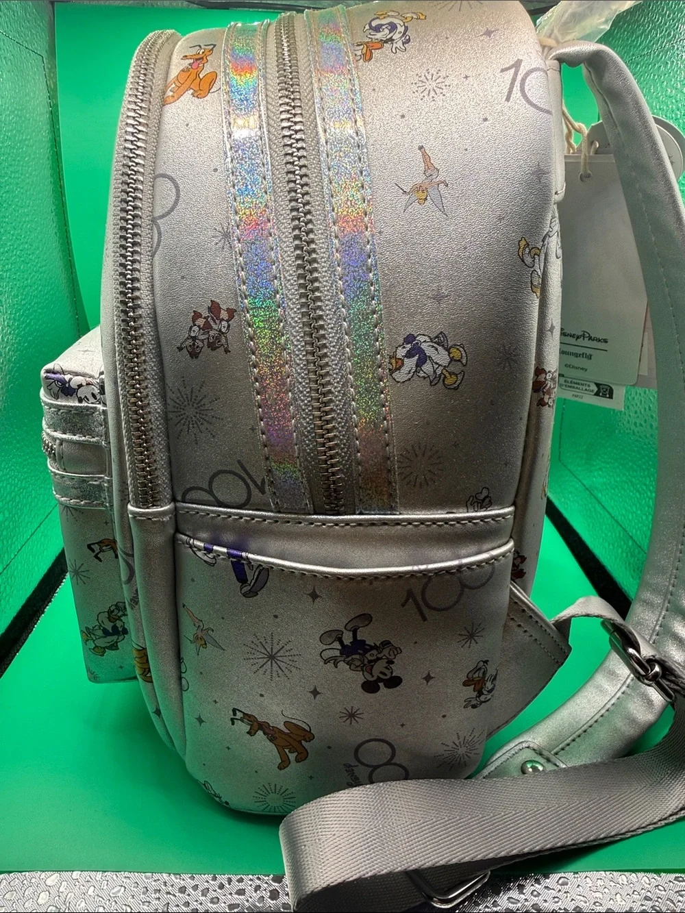 Disney Silver 100th Anniversary Mini Backpack with Multicolor Character Print